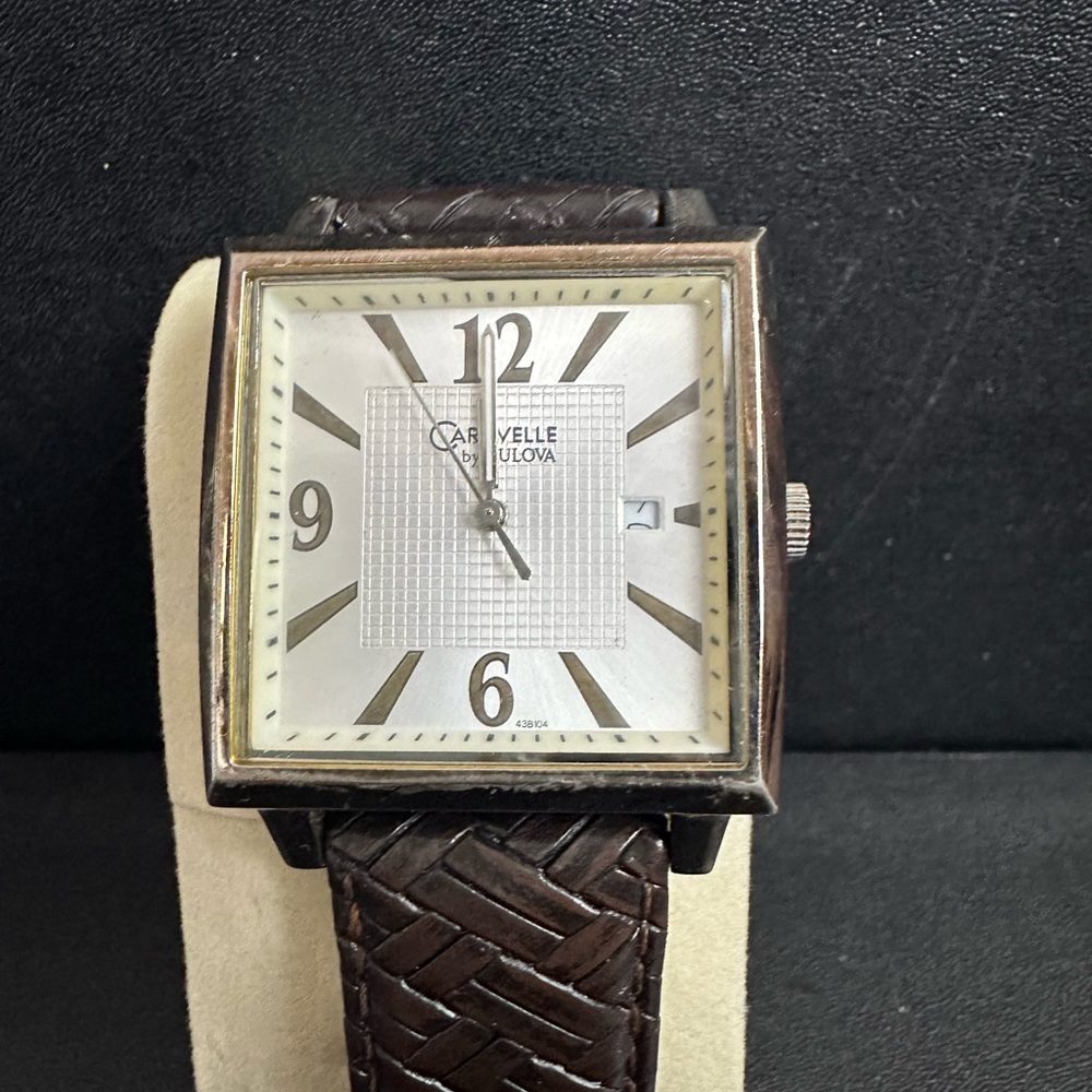 Bulova Square Watch with Woven Brown Strap